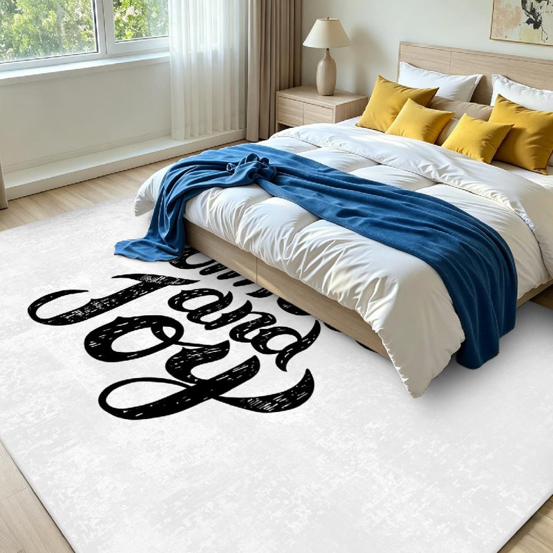 Tapis d'intérieur chaud, lavable à la machine, noir, avec l'inscription « Confort et Joie » à la main., Rectangle 79" x 118"