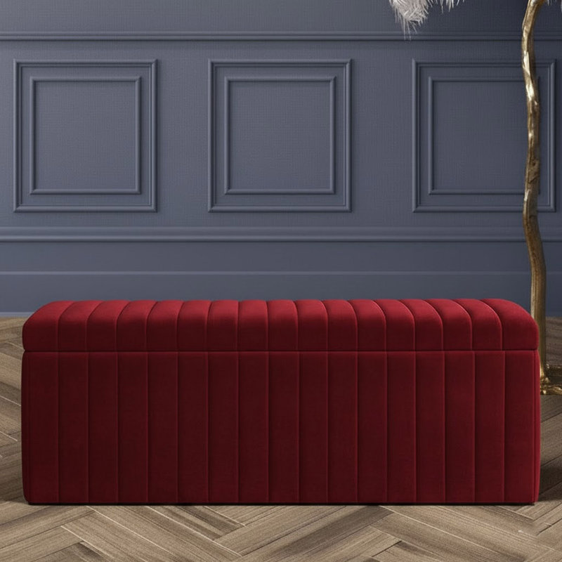 Lux Striped Wide Velvet Rectangle Solid Color Standard Ottoman Box with Storage, 40 cm H x 90 cm W x 42 cm D, Red