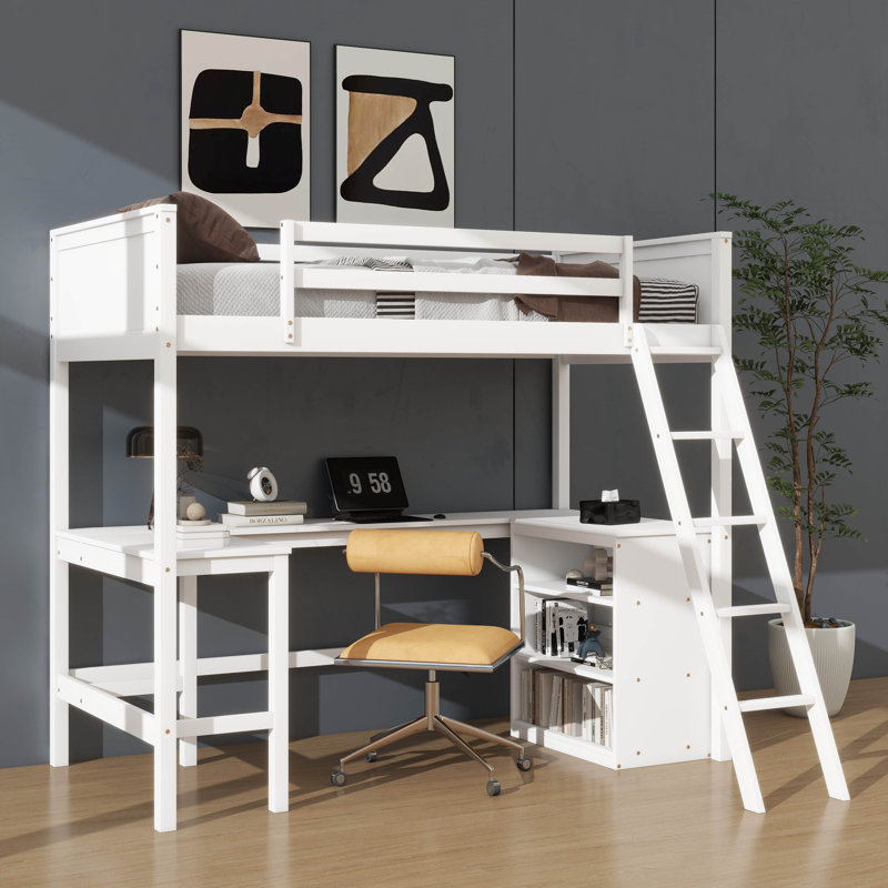 Twin Size Loft Bed With Shelves And Desk, Wooden Loft Bed With Desk