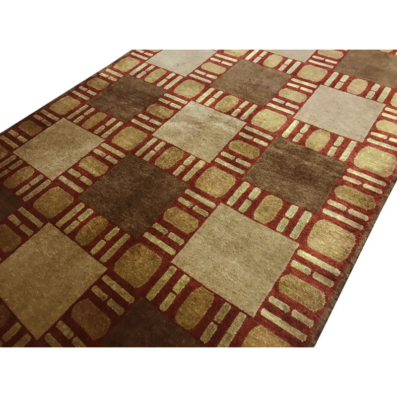 Tapis rouge et brun noué à la main de haute qualité
