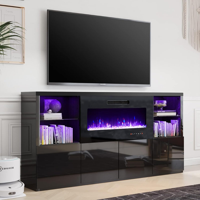 Bhhatu 68'' W High Gloss TV Stand with 35.6'' Fireplace, Black