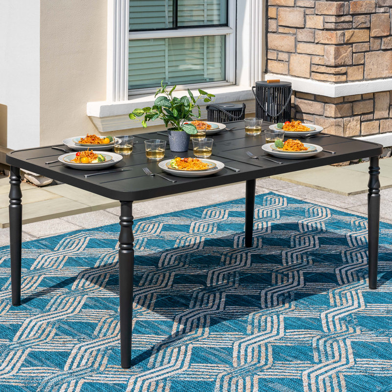 Outdoor Rectangle Powder-coated Metal Dining Table With Umbrella Hole, Black