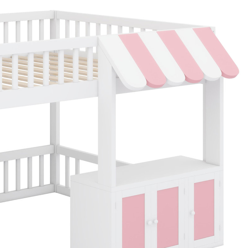 Loft Bed with Built-In Stairs, Lit double, Blanc + rose