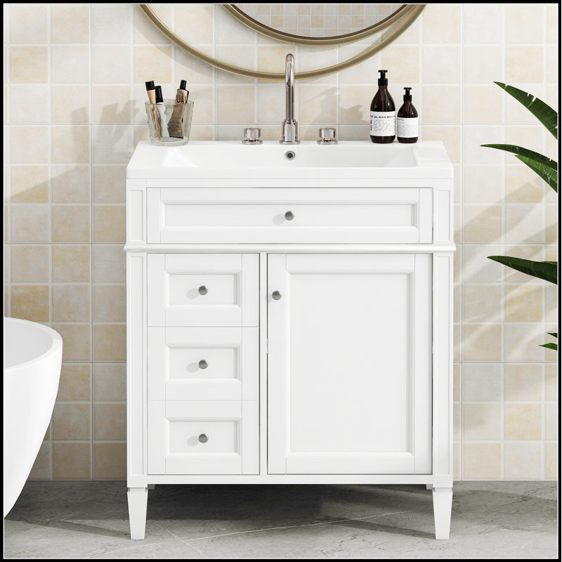 Meuble-lavabo moderne de 30 pouces avec lavabo supérieur et 2 tiroirs, parfait pour un rangement élégant et efficace, Blanc