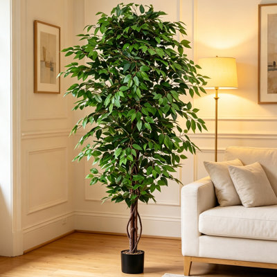 Artificial Ficus Tree, Available in 6ft 7ft 8ft, Faux Silk Floor Plant with Realistic Trunk, Lush Green Leaves, Large Potted Fake Tree for Home Office Indoor Decor, No Maintenance