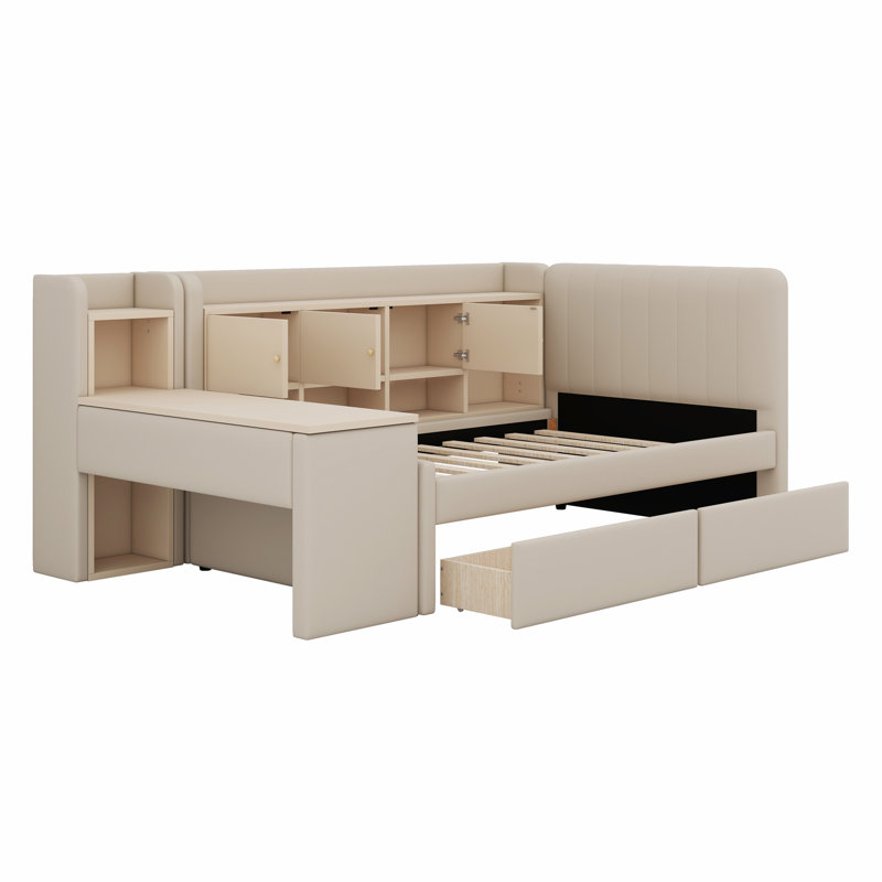 Lit de jour rembourré avec tiroirs, tablettes, armoires rabattables et table d'appoint, Beige