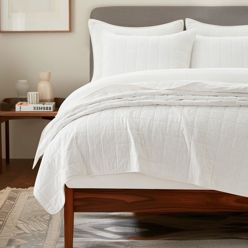 Ensemble de courtepointe 100% coton, Courtepointe pour lit grand + deux taies décorati, Blanc brillant
