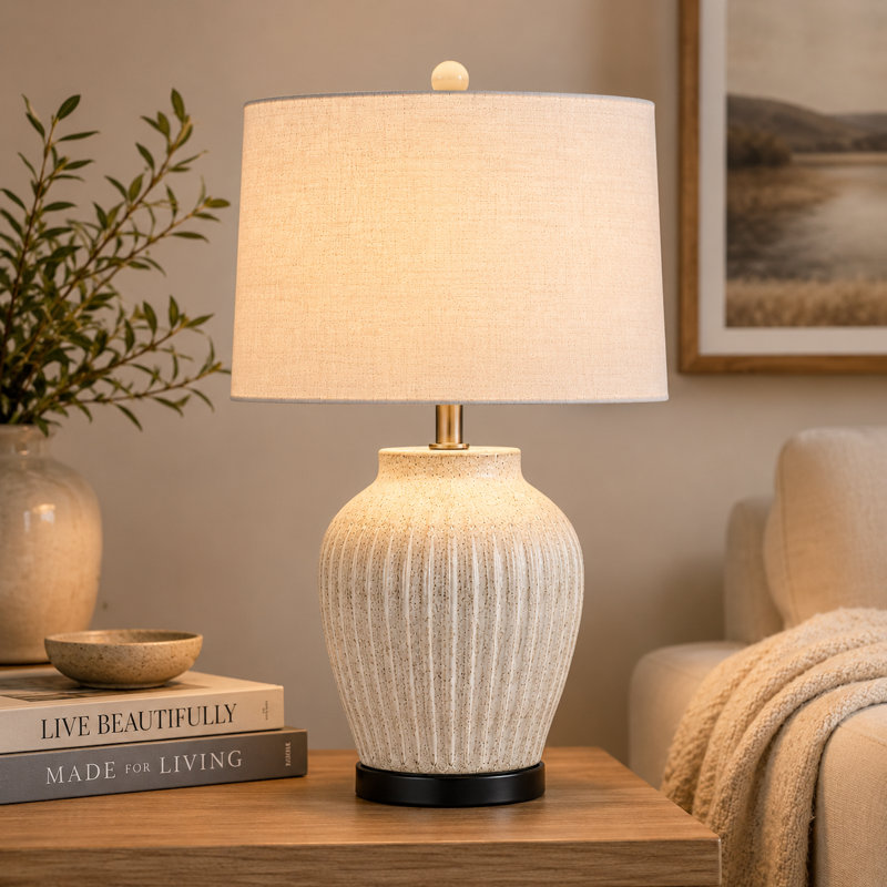  Lampe de table moderne en céramique avec abat-jour en lin