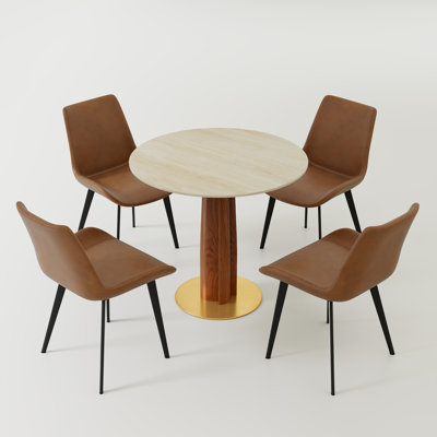 5-Piece Modern Round Stone Table Set, Including 4 Faux Leather Chairs