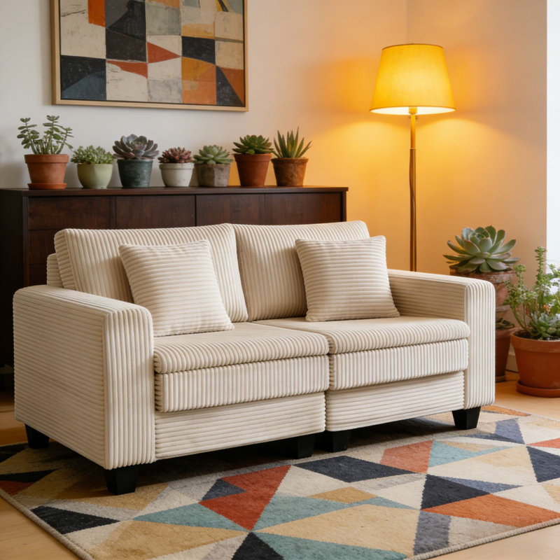 76.6" Corduroy Loveseat Cloud Sofa With Plush For Living Room, Light khaki