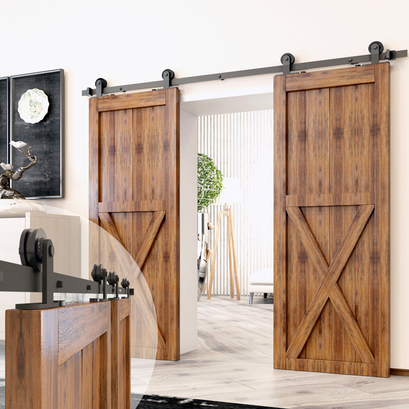 T-Shape Design Top Mount Black Rustic Standard Single Track Two Door Barn Door Hardware Kit (Door Not Included), 168 in.