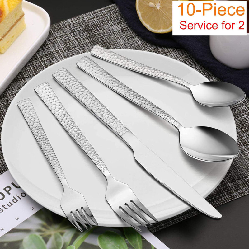 10-Piece Hammered Silverware Set, Stainless Steel Square Flatware Set Service for 2