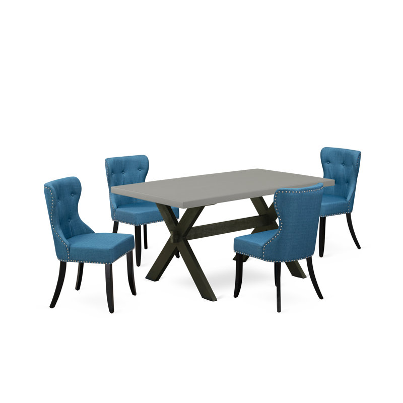 5 Piece Dining Room Furniture Set Includes a Rectangle Dining Table with X-Legs and 4 Blue Linen Fabric Upholstered Chairs, Wire brushed Black finish 