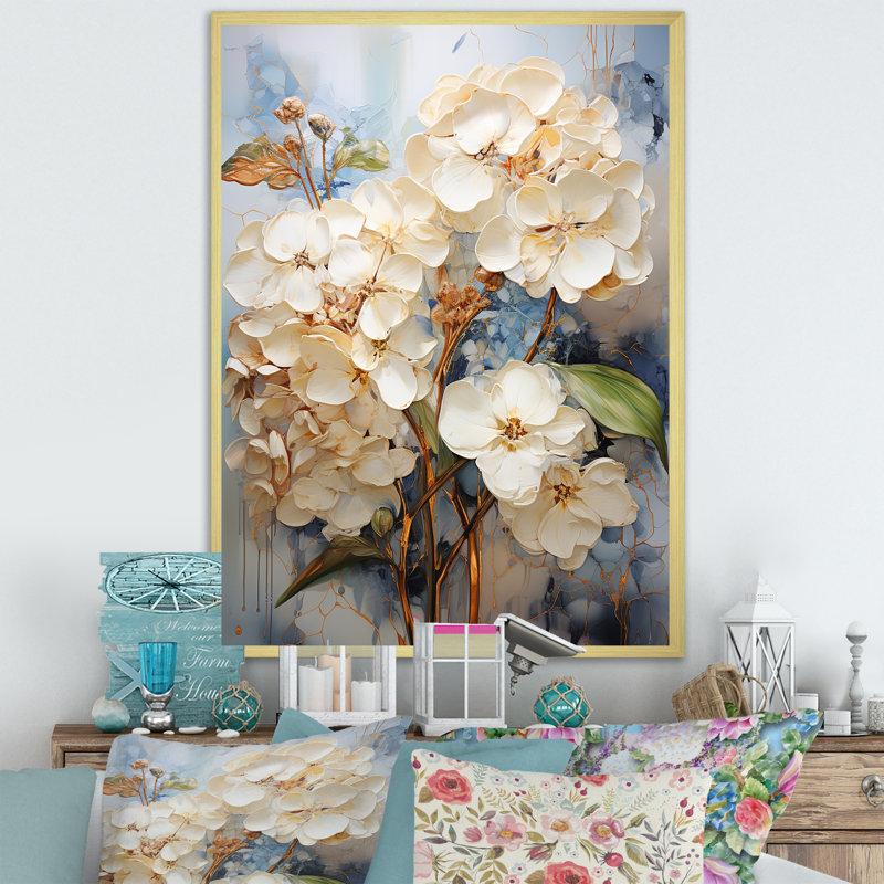 Hortensia beige minimaliste Grace I, Encadrement doré, H 32 po x l 24 po x P 1 po
