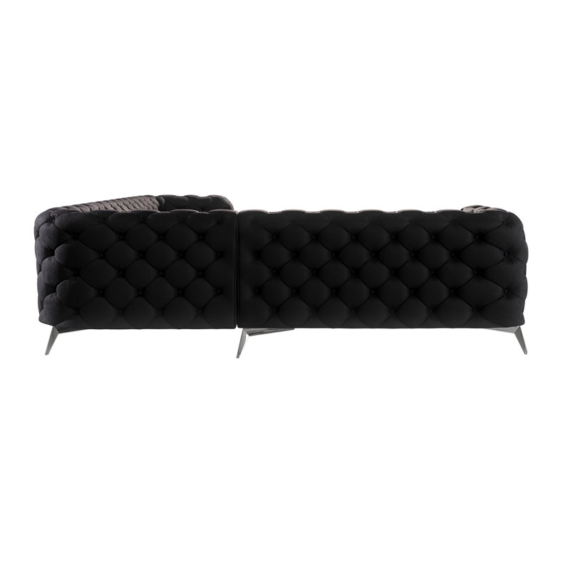 Chesterfield Corner Sofa L-Shape Bixby with Silver Metal Legs, Black, Right Hand Facing