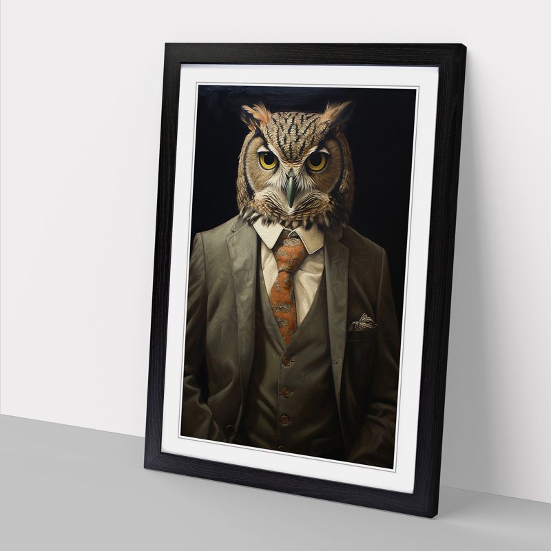 Owl In A Suit Painting - Single Picture Frame Print on Wood, Black Framed, 34cm H x 25cm W x 2cm D