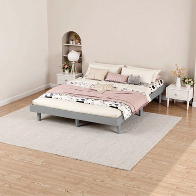 Structure de lit plateforme moderne flottante au fini gris - pleine grandeur, support en bois massif - aucun sommier nécessaire, assemblage sans outil inclus