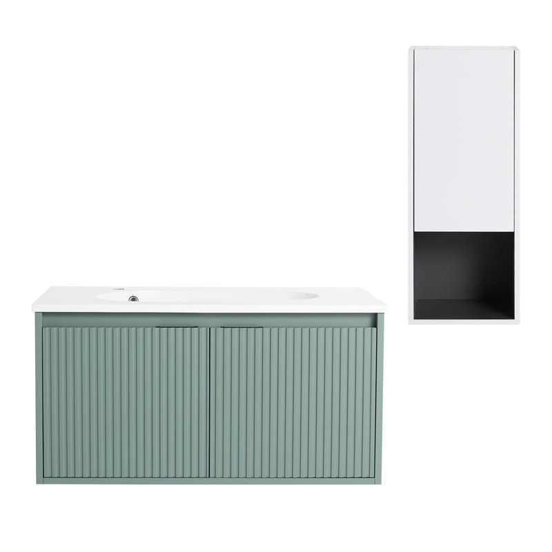 Meuble-lavabo flottant 36 po avec lavabo en résine en forme de goutte, armoire latérale et portes à fermeture en douceur