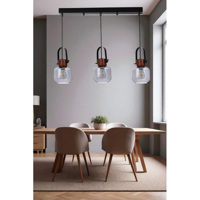 Élégant lustre en métal avec capuchon en verre, hauteur réglable, 5,9 po x 5,1 po | Finition grise, noyer et noire, plaque de base: 21,7 po x 2,4 po x 1,2 po | 3 x douilles E27 de 40 W maximum, pour la salle à manger et les espaces de vie, solution d'éclairage élégante