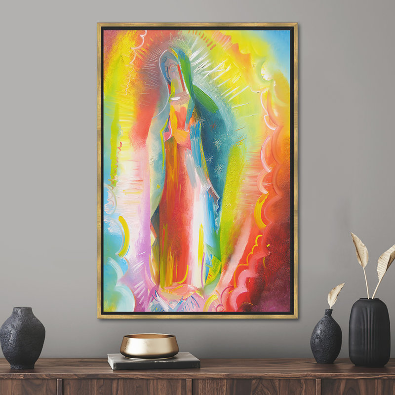 Art moderne moderne sur toile, Notre Dame de Guadalupe, 100" H x 45" W, Reproduction encadrée sans passe-partout, Doré