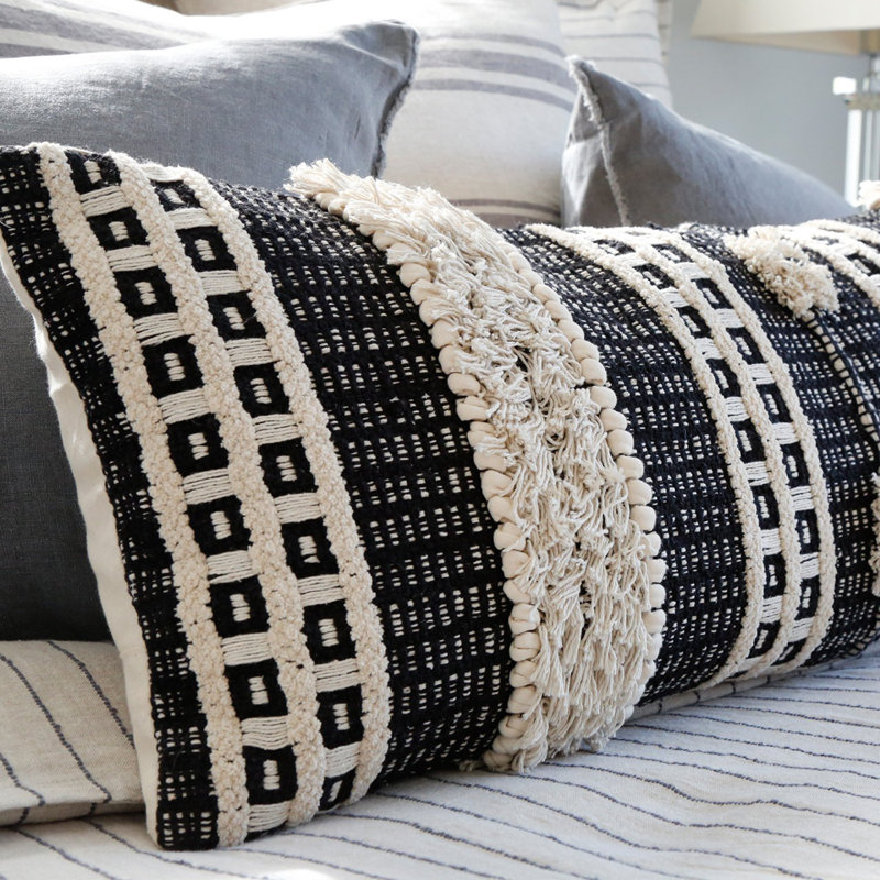 Sawyer Charcoal and Ivory Handwoven Cotton Lumbar Pillow