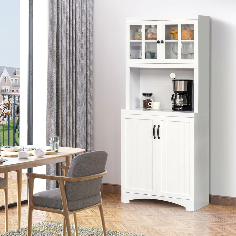 Huche de cuisine, garde-manger avec porte encadrée en verre, tablettes réglables et espace pour micro-ondes pour la salle à manger, blanc