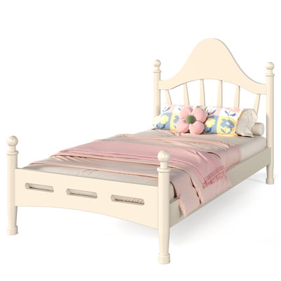 Twin Size Platform Bed with Chic Headboard, Solid Wood BED Frame with Slatted Support, No Box Spring Needed and Low to Ground Design, Beige