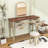 Vintage Makeup Vanity with Curved Floral Mirror, Drawers, Leather Stool and Antique Handles
