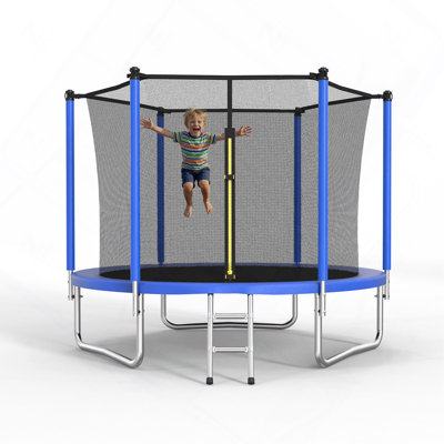 8 ft Round Outdoor Backyard Trampoline with Safety Enclosure Net, Blue
