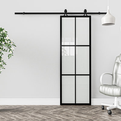 30"x84" 6-Lite Black Frosted Glass And Aluminum Metal Sliding Barn Door With Installation Hardware Kit