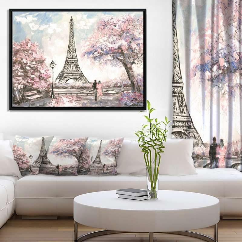 Paysage urbain «Eiffel avec fleurs roses», peinture, H 30 po x l 40 po x P 1,5 po, Toile avec cadre flottant