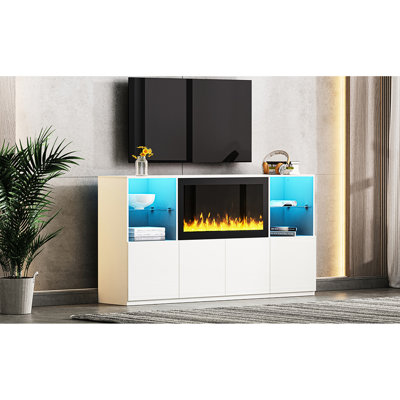 Meuble télé haute brillance 75 po avec foyer électronique et lumières à DEL colorées, tablettes en verre trempé blanc, espace de rangement spacieux, foyer de divertissement électrique moderne de 34,2 po, pour téléviseur et salon