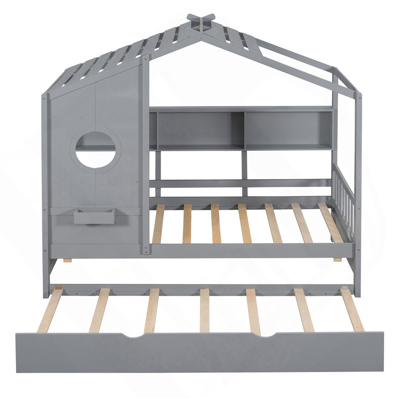 Lit double en bois avec lit gigogne et tablette de rangement Whimsical, Complète, Blanc