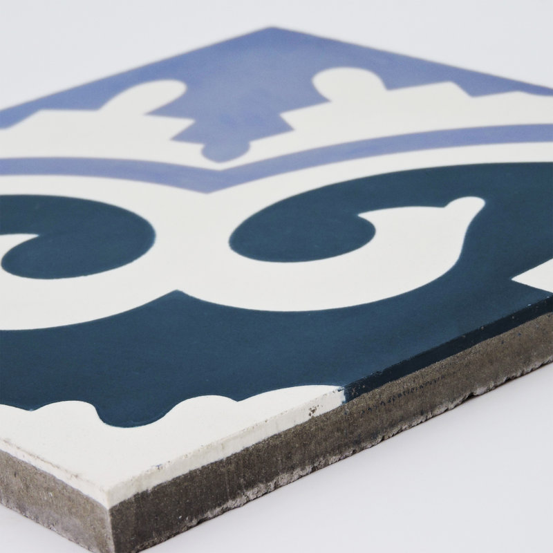 Tanger 8" x 8" Cement Patterned Wall & Floor Tile, White/Navy Blue