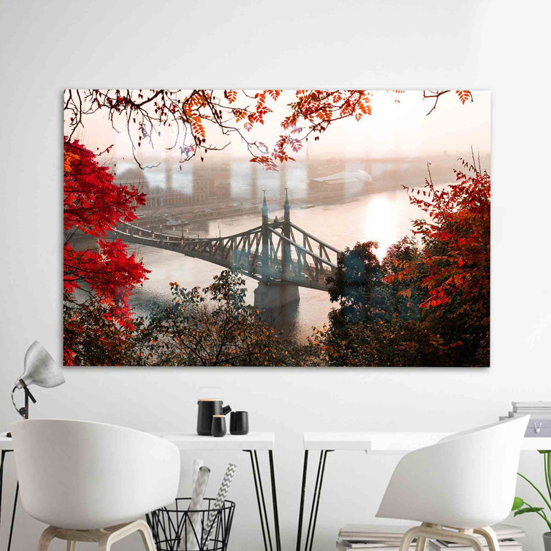 Art mural moderne en forme de pont d'arbre rouge avec verre trempé pour décoration intérieure contemporaine et espaces de vie