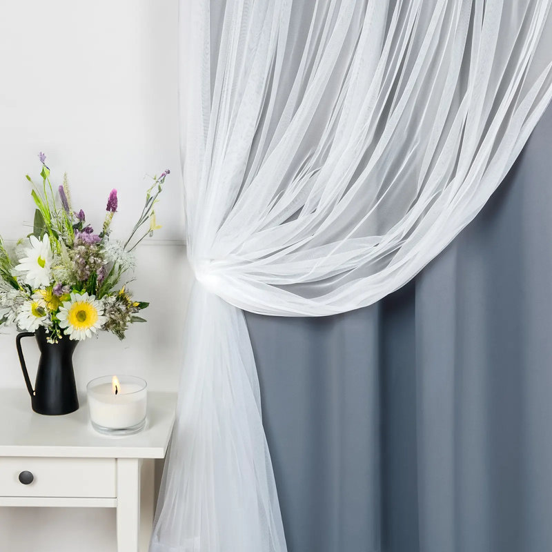 Fortuna Brockham Solid Tulle Overlay Room Darkening Grommet Curtain Panels, Mingreen, 52" W x 63" L