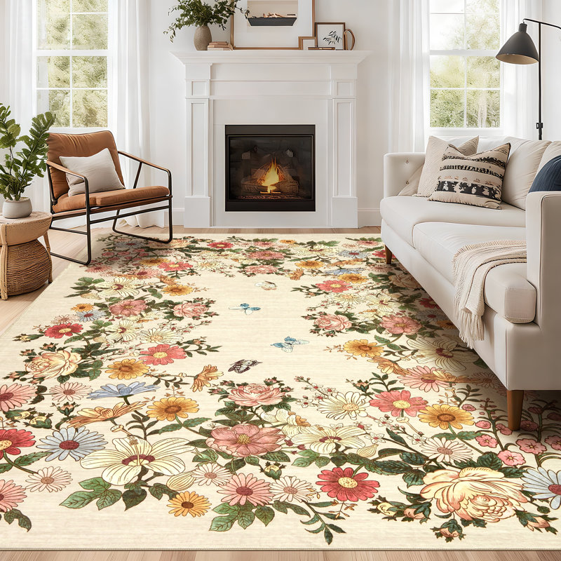Rugs for Living Room Washable Floral Area Rug Non Slip Soft, Low Pile Ultra-Thin Carpet for Entryway, Kitchen, Bedroom, Beige