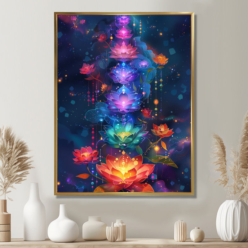 «Blossoming Chakra Flowers», reproduction d'art mural, H 20 po x l 12 po x P 1 po, Toile avec cadre flottant or