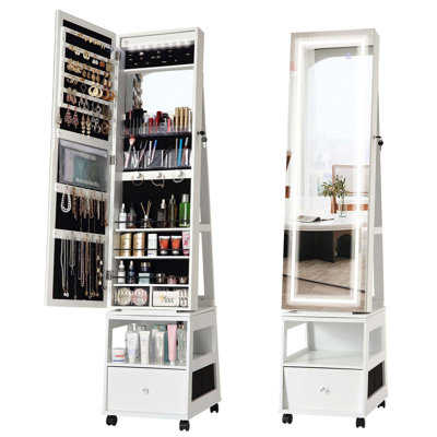 Armoire à bijoux pivotante à 360 ° avec miroir pleine grandeur, armoire à bijoux avec DEL