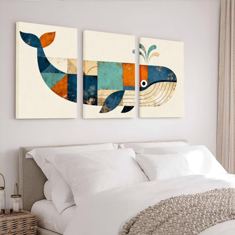 Baleine géométrique, reproduction d'art sur toile, ensemble de 3 patchwork moderne, H 18 po x l 36 po