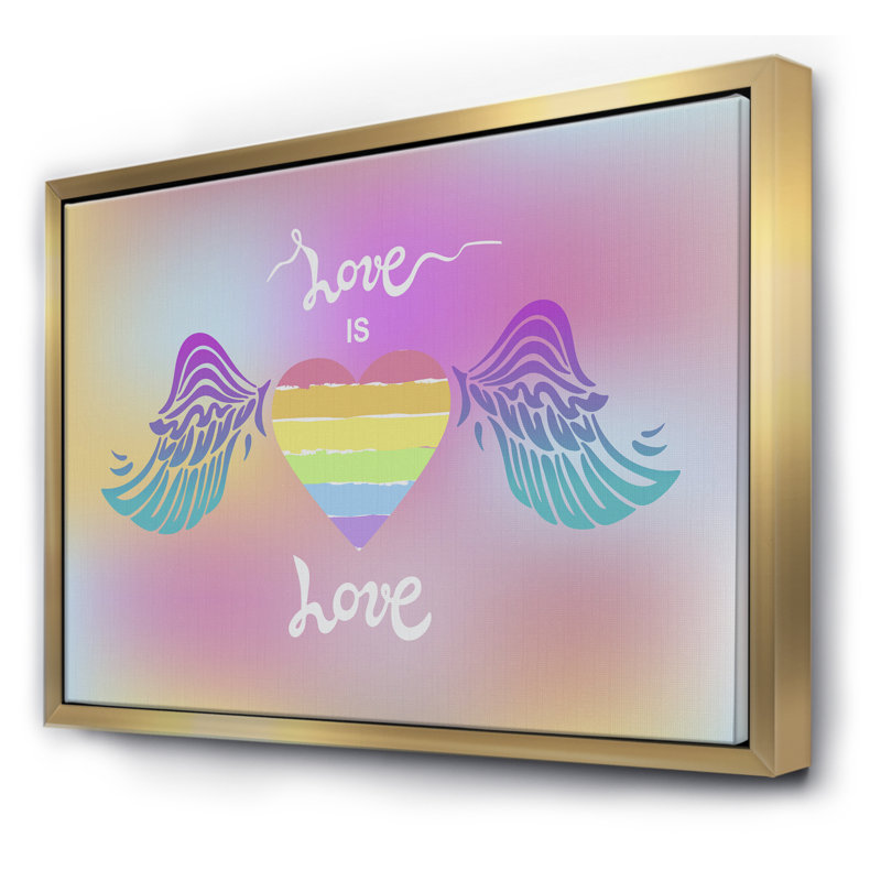 «Love Is Love Winged Heart», reproduction d'impression sur toile, H 30 po x l 40 po x 1,5 po, Toile encadrée d'or