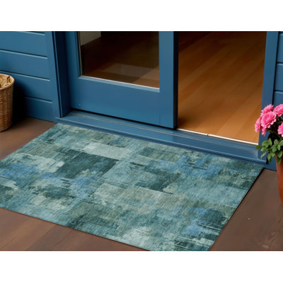 Tapis d'extérieur lavable abstrait bleu sarcelle 3 pi x 5 pi bleu sarcelle et turquoise