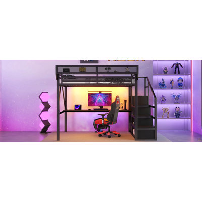 Lit mezzanine double avec bureau et station de recharge, lit mezzanine en métal double avec escalier et éclairage