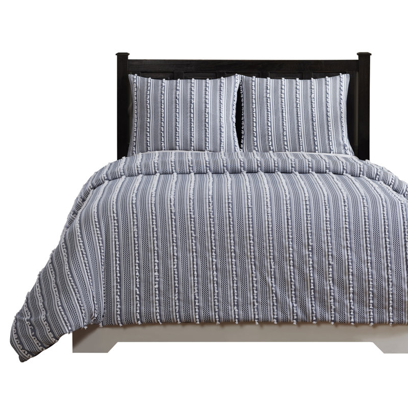 Gray King Cotton Comforter Set with Textured Stripes