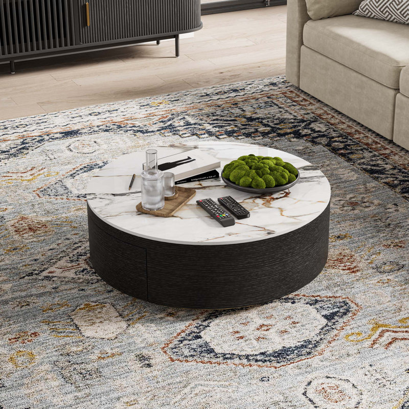 Table basse Daniel-Jack, plateau en pierre frittée, 2 tiroirs en bois massif, entièrement assemblé, Noir, noir, noir, noir