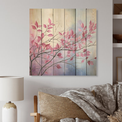 Magenta Motion Leaf Minimalist Style I - Leaves Wood Wall Art On Natural Pine Wood