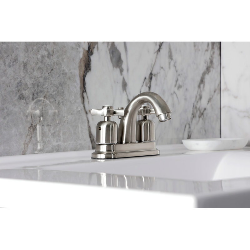 Kingston Brass Millennium Two-Handle 3-Hole Deck Mount 4" Centerset Bathroom Faucet with Plastic Pop-Up, Brushed Nickel
