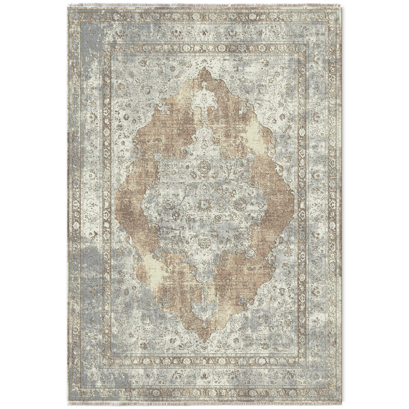 Pender Beige Cream Oriental Cotton Chenille Area Rug, Rectangle 5'3" x 7'3"