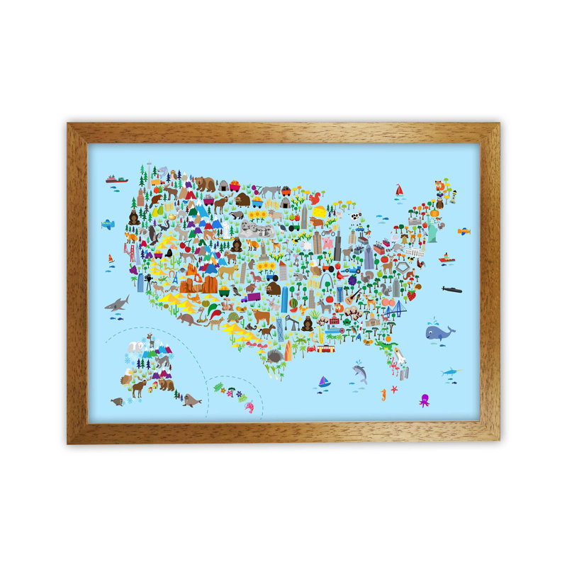 Animal Map Of United States by Michael Tompsett - Print, 64cm H x 88cm W x 3cm D, Brown Framed