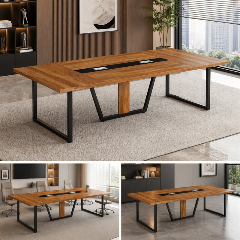 Grande table de conférence moderne avec gestion des câbles et pieds en métal robustes pour les espaces de réunion de bureau professionnels (seul le bureau inclut)